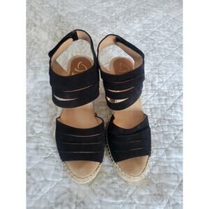 Kanna Size 9 Black Suede Leather Upper Strappy Wedge Sandal Made In Spain EUC